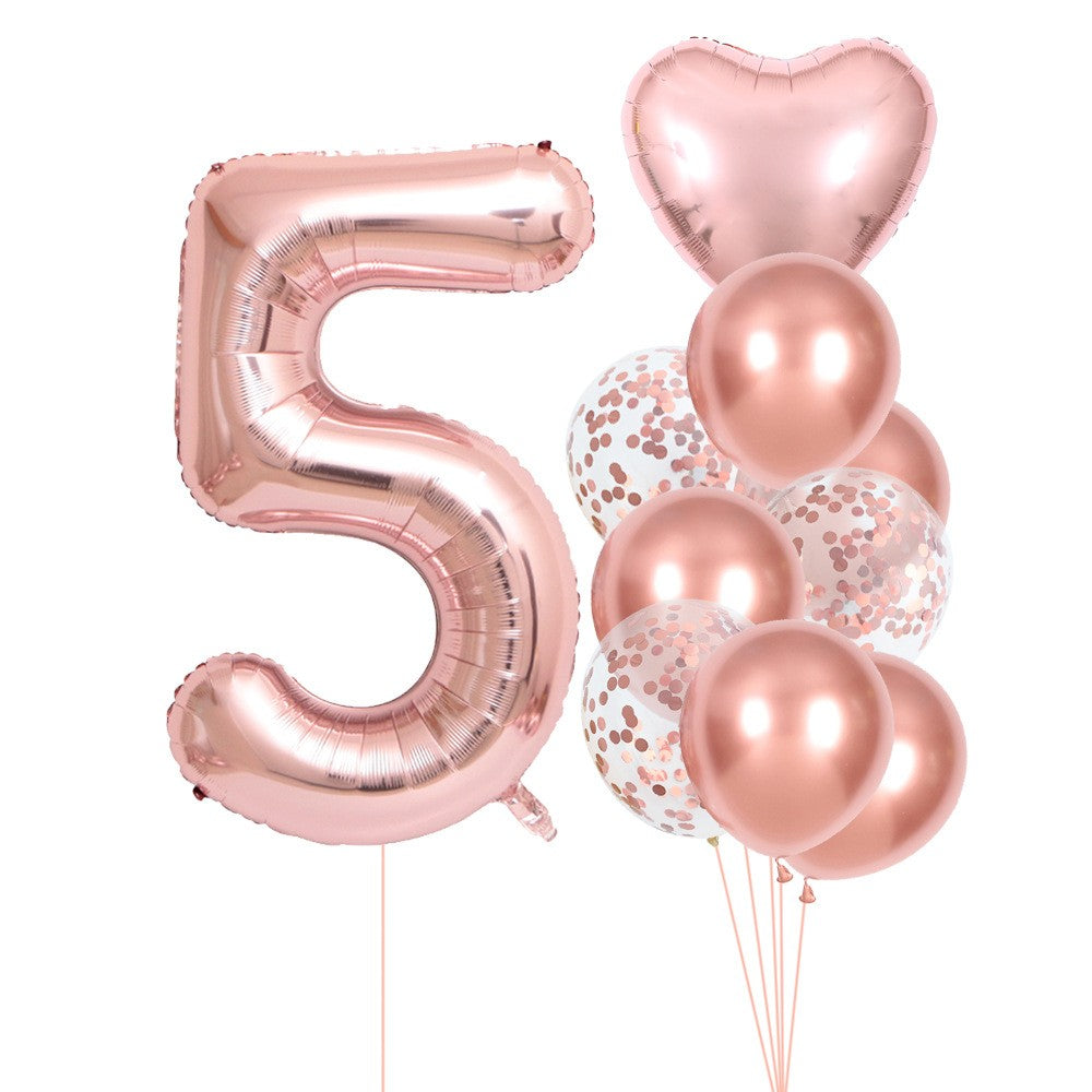 Set 10 Baloane Folie si Latex, ANGELBEAR, Tematica Aniversare, Baloane Latex 25cm, Figurina Inimioara 45 cm, Cifra 5 de 81 cm, Ambalaj Individual, Pai Inclus, Umflare cu Aer sau Heliu, Roz Pal